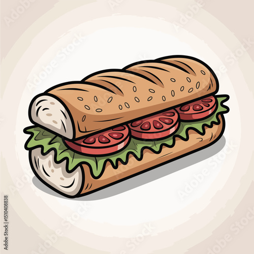 Delicious Sub Sandwich with Tomato and Lettuce Illustration
