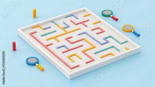 SEO Marketing traffic 3D concept. Maze game with colored paths and magnifying glasses on a light background.