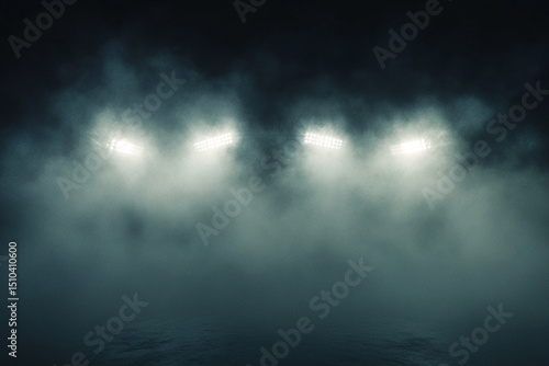 Football stadium lights through thick mist