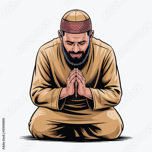 Muslim Man in Traditional Clothing Praying Humbly