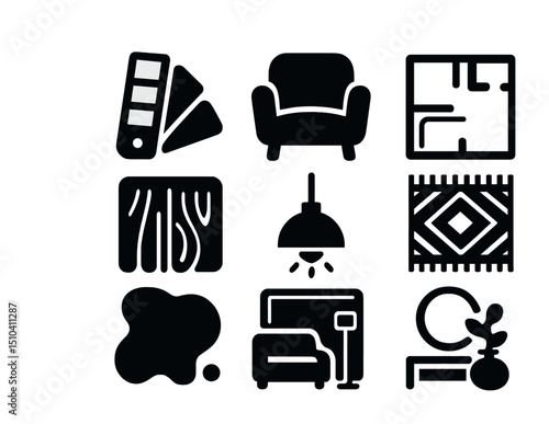 Interior Design Icons. Solid, filled icons set of interior design inspiration board: swatch card, furniture
