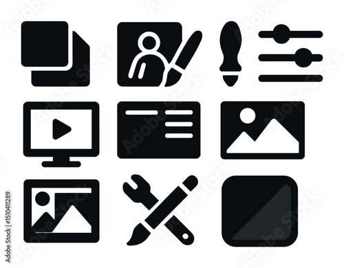 Digital Art Icon Set. Solid, filled icons set of digital artist’s reference board: layer thumbnail, digital