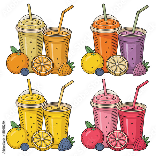 Assorted Fruit Smoothies in Plastic Cups with Fresh Fruit