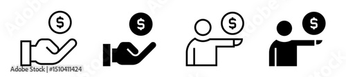Conjunto de iconos dinero. Mano con moneda y persona con moneda. Ingresos, ahorro, salario y transacción financiera. Ilustración vectorial