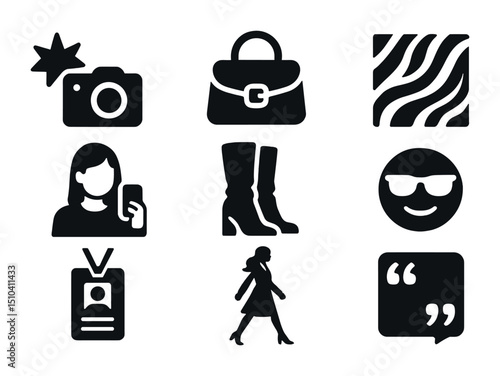 Fashion Week Icons. Solid, filled icons set of fashion week street style: camera flash, designer bag, bold