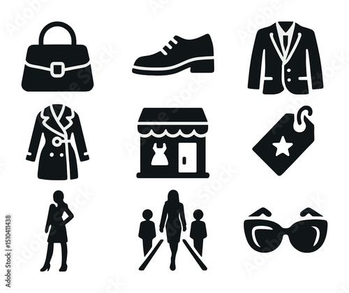 Urban Fashion Icons. Solid, filled icons set of high-end urban fashion icons: luxury handbag, sleek shoes,