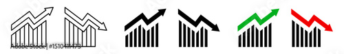 Conjunto de iconos de gráficas creciente y decreciente. Finanzas, negocio. Ganancias, pérdidas, análisis financiero y comportamiento económico. Ilustración vectorial