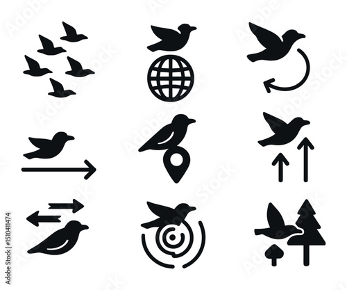 Bird Migration Icons. Solid, filled icons set of bird migration patterns: V-formation, globe icon, route arrow