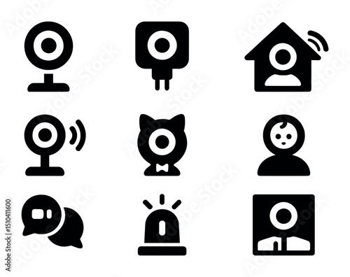 Smart Camera Icons Grid. Solid, filled icons set of indoor smart camera systems: desk cam, wall plug, home