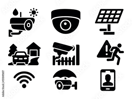 Smart Surveillance Icons. Solid, filled icons set of outdoor smart surveillance: weatherproof cam, wide-angle