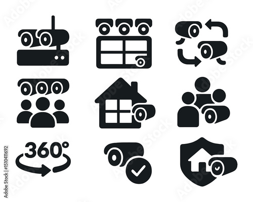 Home Security Icons Grid. Solid, filled icons set of multi-camera home security systems: base station,