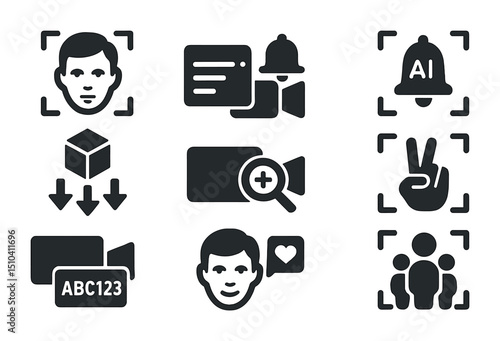 Smart Camera Icon Set. Solid, filled icons set of AI-powered smart camera features: face recognition, activity