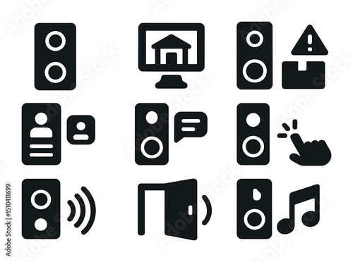 Smart Doorbell Icons. Solid, filled icons set of smart doorbell camera systems: doorbell icon, front porch