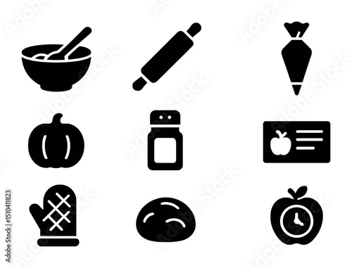 Fall Treat Icon Set. Solid, filled icons set of DIY fall treat making: mixing bowl, rolling pin, frosting bag,