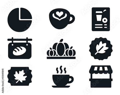 Fall Market Icons. Solid, filled icons set of fall market and cafe signs: pie chart, latte art, treat menu,