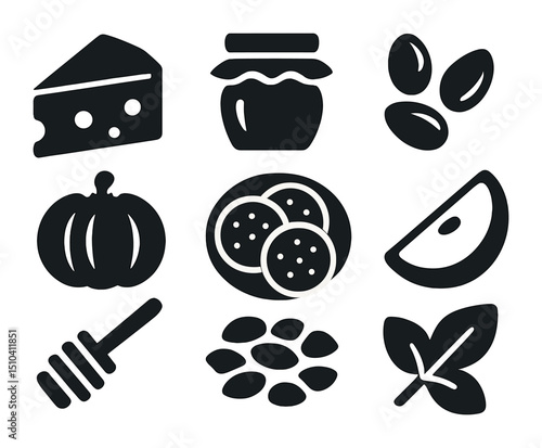 Autumn Snack Icons. Solid, filled icons set of autumn snack pairings: cheese wedge, fig jam, roasted nuts,