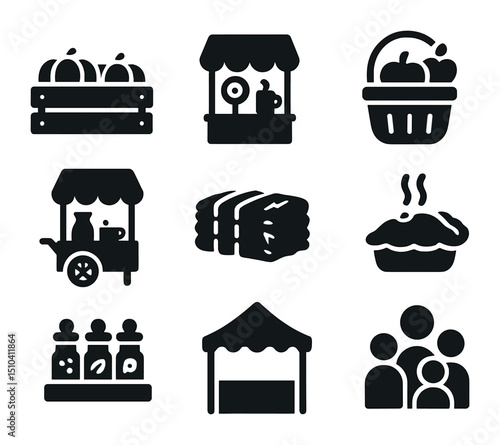 Autumn Icons Set. Solid, filled icons set of pumpkin patch and food fair: pumpkin crate, treat stand, apple