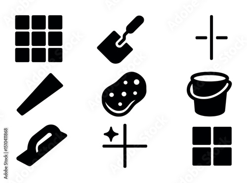 Tile Grouting Icons. Solid, filled icons set of tile grout line: tiled surface, grout trowel, seam line,
