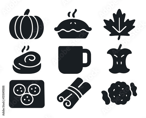 Classic Fall Food Icons. Solid, filled icons set of classic fall food symbols: whole pumpkin, warm pie, maple