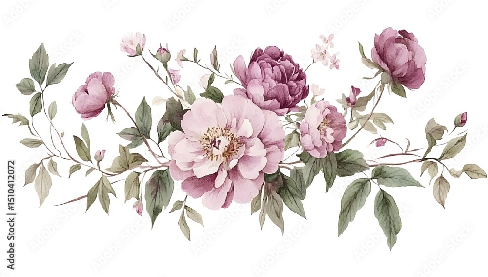 Fototapeta premium Delicate pink watercolor floral bouquet, featuring peonies and roses, with green leaves and dainty flowers,