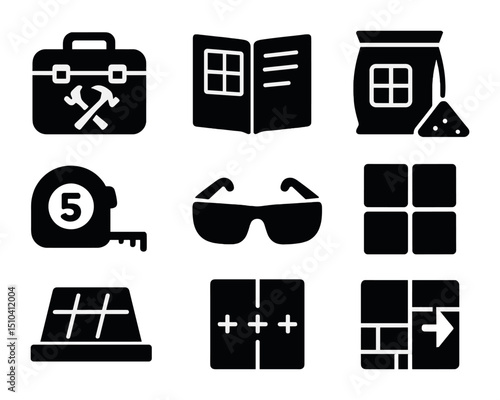 DIY Tiling Icons. Solid, filled icons set of DIY home tiling: home toolbox, instruction manual, open grout