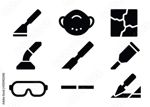 Grout Tool Icons. Solid, filled icons set of grout removal and replacement: grout scraper, dust mask, old