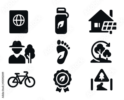 Sustainable Tourism Icons. Solid, filled icons set of sustainable tourism: eco passport, reusable bottle,