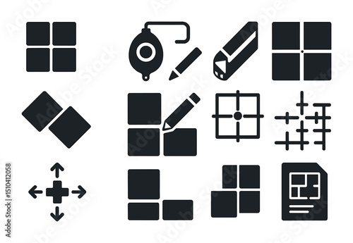 Tile Layout Icons. Solid, filled icons set of tile layout planning and prep: tile grid, chalk line, layout