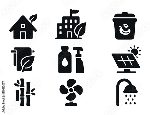 Eco Travel Icons. Solid, filled icons set of eco-friendly travel accommodations: eco cabin, green certified