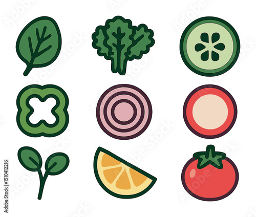Healthy Salad Icons. Solid, filled icons set of healthy raw salad ingredients: spinach leaf, kale bunch,