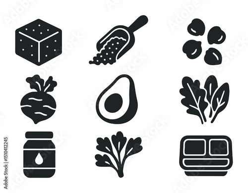 Plant-Based Meal Icons. Solid, filled icons set of plant-based meal prep: tofu cube, quinoa scoop, chickpeas