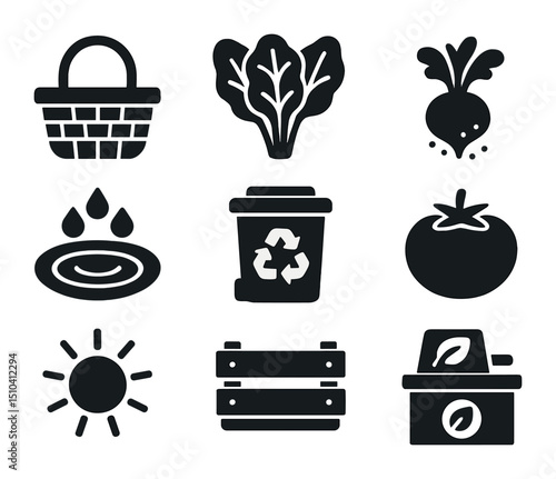 Organic Salad Icons. Solid, filled icons set of organic garden-to-table salad making: garden basket, harvested