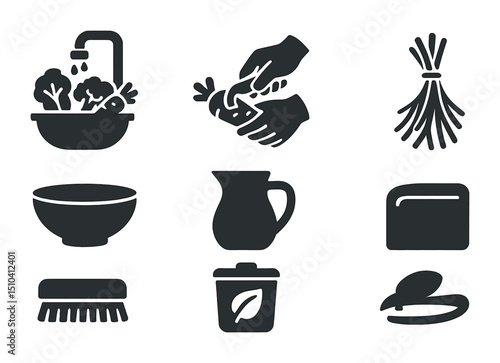 Ingredient Prep Icons. Solid, filled icons set of clean ingredient preparation: washing vegetables, peeling