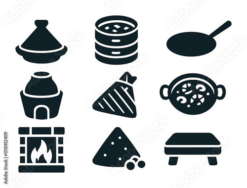 Cultural Cooking Icon Set. Solid, filled icons set of regional and cultural cooking traditions: tagine pot,