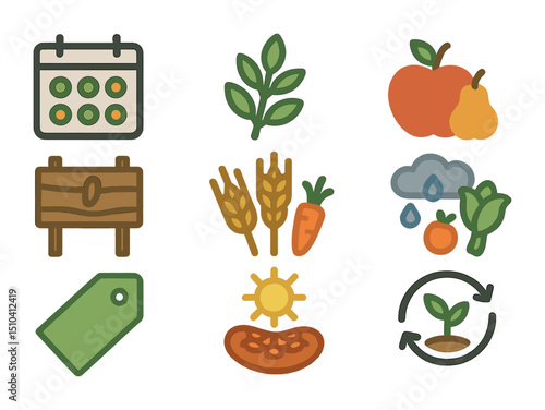 Seasonal Cooking Icons. Solid, filled icons set of cooking with seasonal and local ingredients: seasonal