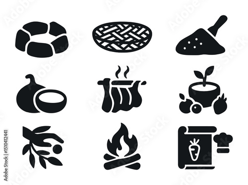 Ancestral Food Icon Set. Solid, filled icons set of ancestral and indigenous food practices: stone cooking