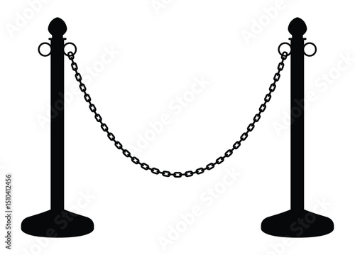 Two symmetrical vertical metal stanchions with rounded tops/bottoms and rings, connected by hanging chains forming an arc. Minimal barrier design isolated on white background. Front-facing, functional