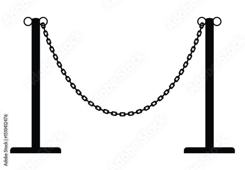 Two symmetrical vertical metal stanchions with rounded tops/bottoms and rings, connected by hanging chains forming an arc. Minimal barrier design isolated on white background. Front-facing, functional