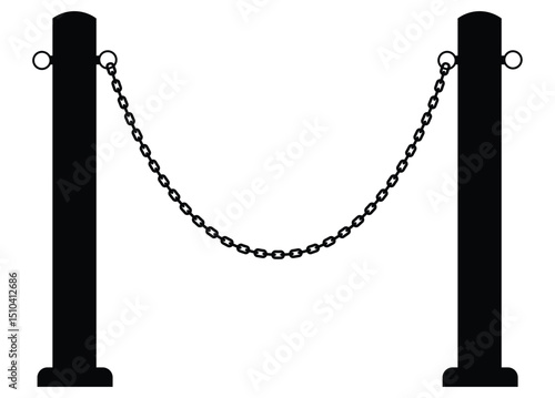 Two symmetrical vertical metal stanchions with rounded tops/bottoms and rings, connected by hanging chains forming an arc. Minimal barrier design isolated on white background. Front-facing, functional
