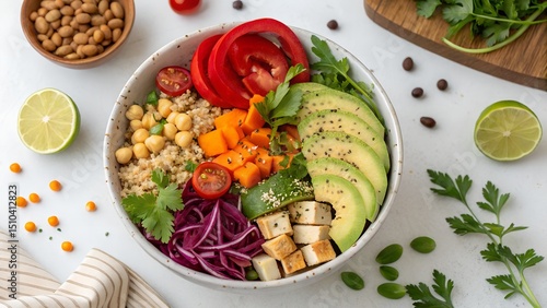 Nutrient Bowl Harmony: An eye-level, high-angle view showcases a beautifully arranged bowl bursting with fresh, vibrant, and colorful ingredients.