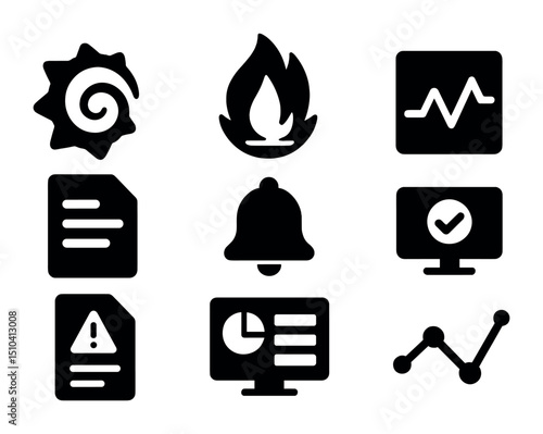Monitoring Icons Grid. Solid, filled icons set of monitoring and logging: Grafana, Prometheus, metrics graph,