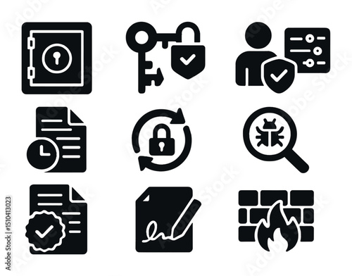 CI_CD Security Icons. Solid, filled icons set of CI/CD security practices: secrets vault, encrypted key,