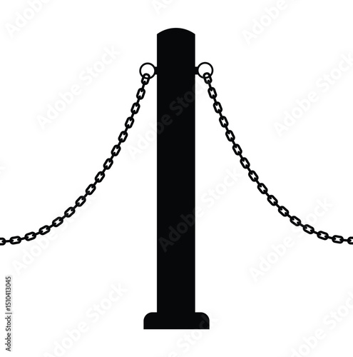 Vertical solid black silhouette of a security post with chains. Simple graphic design: rounded top, flat base, two linked chains extending down. Centered, frontal perspective. Flat lighting.