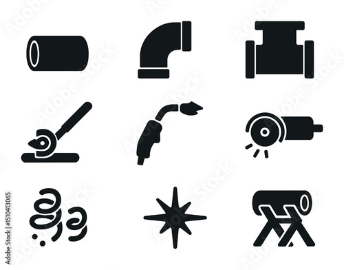 Metal Pipe Icons. Solid, filled icons set of metal pipe fabrication: steel pipe, elbow joint, T-joint, pipe