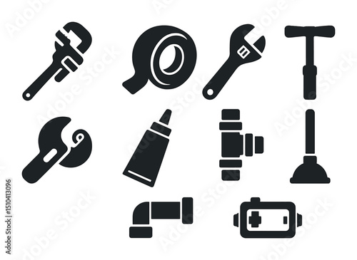 Plumbing Tools Icons. Solid, filled icons set of plumbing repair tools: pipe wrench, Teflon tape, adjustable