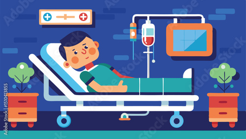 Cartoon Hospital Room Scene Patient with IV Drip in Bed Recovering Comfortably