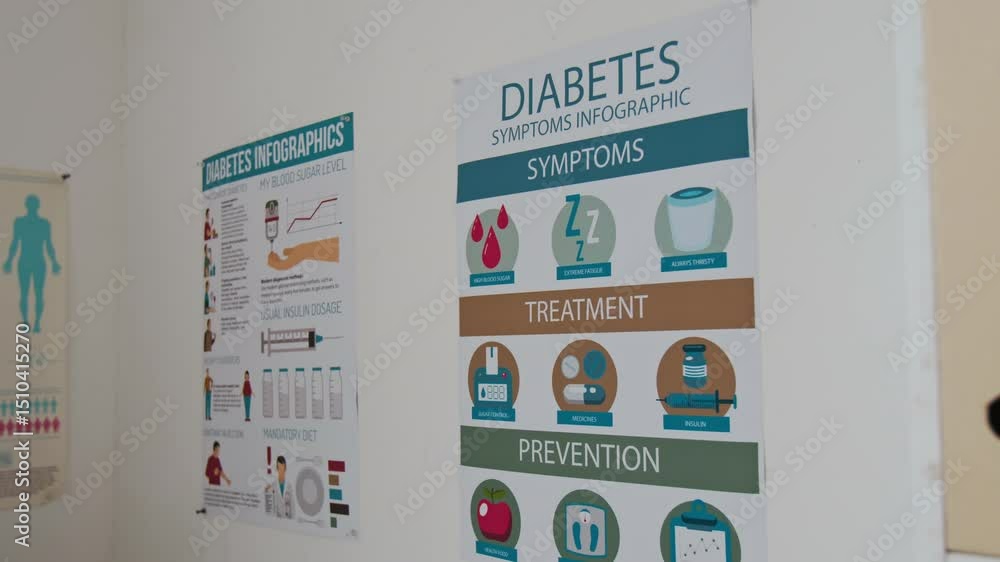custom made wallpaper toronto digitalPosters with infographics about diabetes symptoms, treatment and prevention points hanging on white wall of modern medical center or clinics helping people suffering from this disease