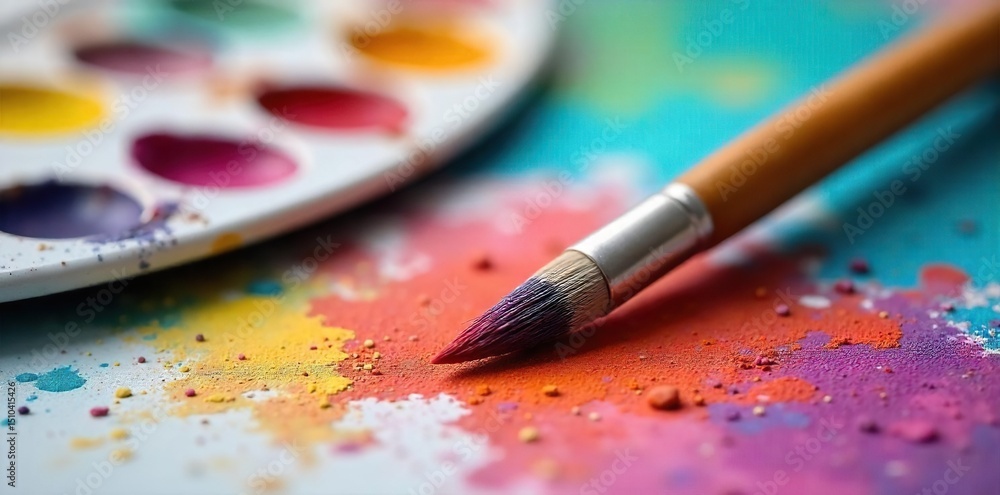Close-up of a paintbrush and palette, vibrant colors scattered, signifying artistic leisure time A relaxed and creative atmosphere is evoked, perfect for projects and hobbies , still life, hobby, DIY Close-up of a paintbrush and palette, vibrant colors scattered, signifying artistic leisure time A relaxed and creative atmosphere is evoked, perfect for projects and hobbies , still life, hobby, DIY