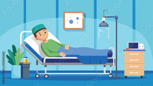 Cartoon Man Recovering in Hospital Bed with IV Drip and Medical Equipment