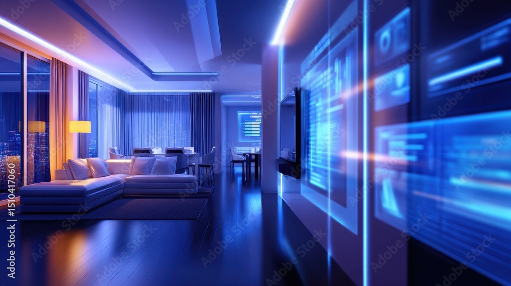 Modern living room with glowing blue digital interfaces and city view at night Modern living room with glowing blue digital interfaces and city view at night